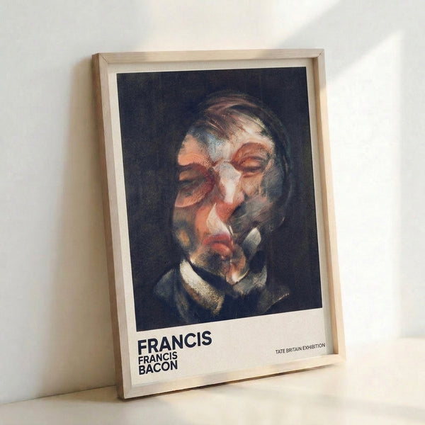 Dark modern portrait artwork with warped facial geometry in cream, navy, and burnt sienna hues, conveying emotional complexity and distortion.