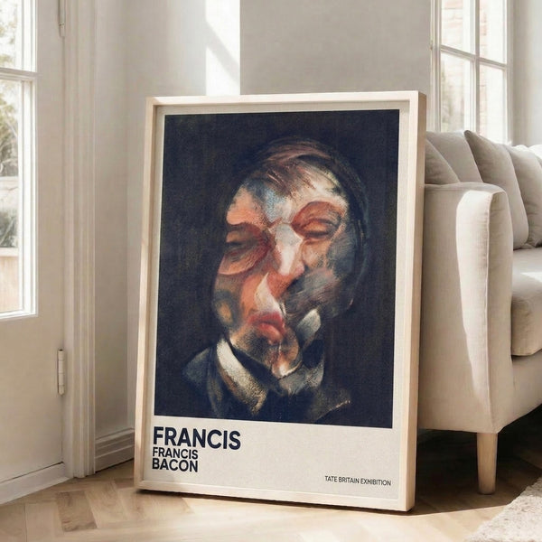 Distorted figurative portrait in dark contemporary style, blending navy, burnt sienna, and cream with emotionally intense, fragmented form.