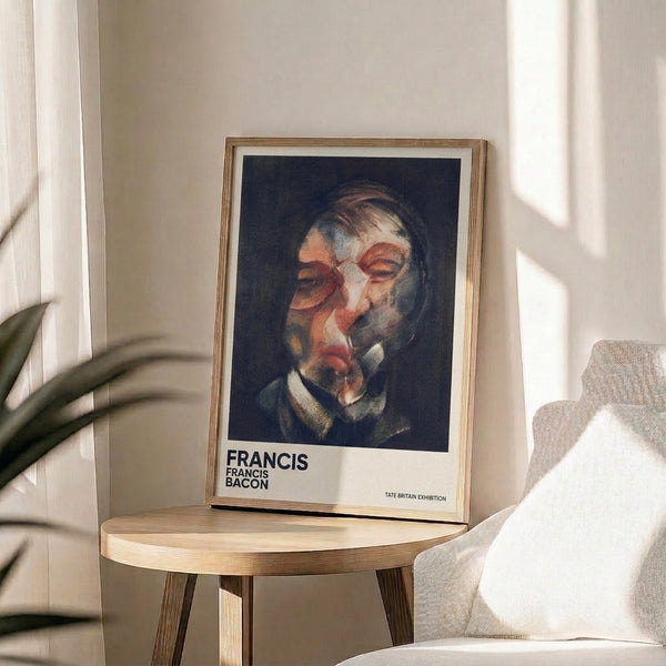 Modern expressionist portrait with deformed facial structure in muted earth tones, presenting a psychologically provocative wall art piece.