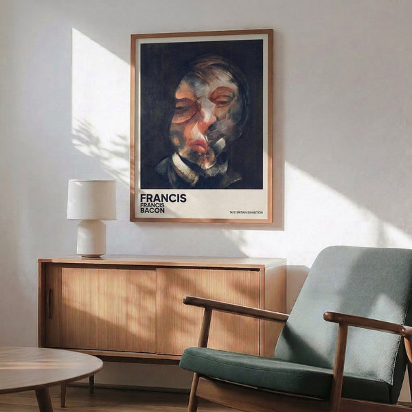 Abstract head portrait in grey, ochre, and dark tones, rendered with distorted geometry to convey introspection and psychological depth in framed poster form.