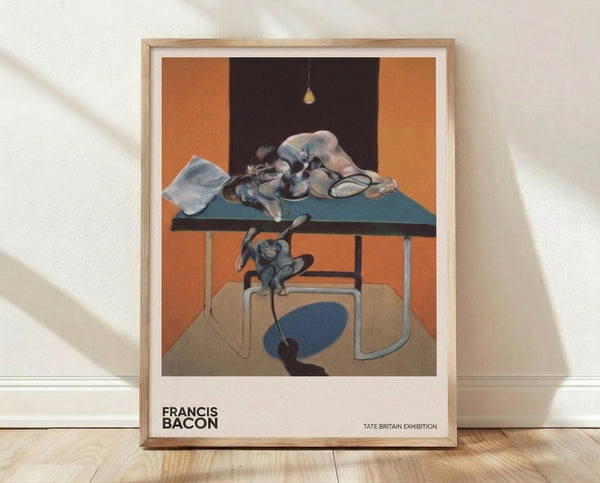Abstract modern poster featuring a distorted figure seated at a table with a stark light bulb, rendered in burnt orange, dark brown, and slate blue tones that evoke an unsettling, introspective mood.