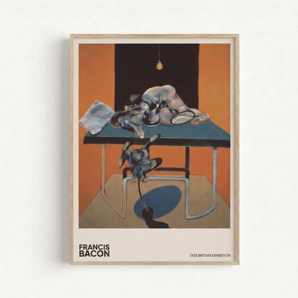 Existential abstract artwork depicting a solitary chair and draped cloth with a suspended light bulb, dominated by warm tan and burnt orange hues against deeper brown and blue shadows.