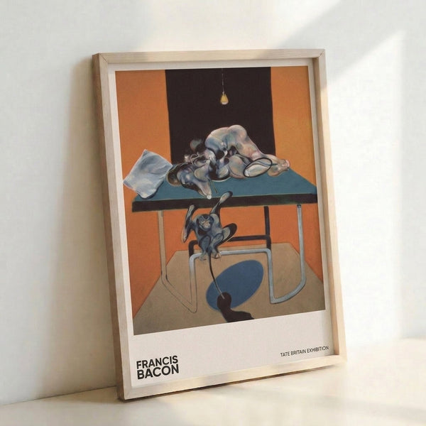 Contemporary art print showing a fragmented seated figure with geometric furniture and glowing light source, executed in a moody palette of slate blue, cream, and burnt orange creating psychological tension.
