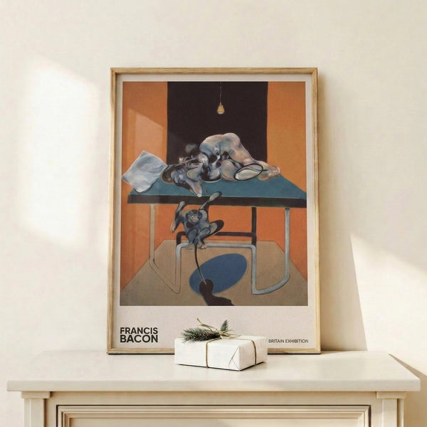 Modern abstract composition with an isolated figure, table elements, and illuminated bulb rendered in dark browns and slate blues with pale cream accents, conveying introspective contemplation.