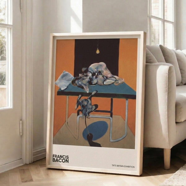 Framed abstract poster depicting interior elements—chair, cloth, light bulb—and a distorted form in burnt orange, warm tan, and deep blue, establishing an existential and unsettling atmosphere.
