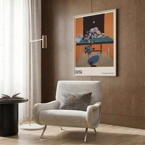 Abstract modern art print featuring a solitary figure with surrounding furniture and suspended light, composed in muted burnt orange, slate blue, and dark brown tones suggesting quiet unease.