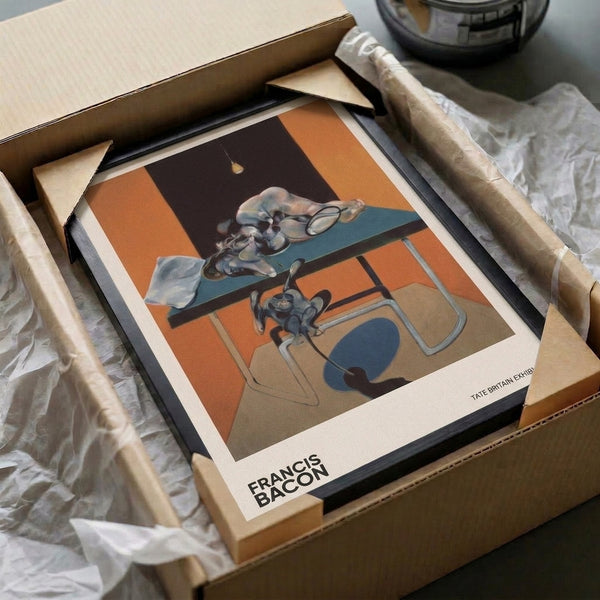 Contemporary poster art with fragmented figure, table, chair, and glowing light bulb in an abstract composition of warm and cool tones—burnt orange, cream, and slate blue—evoking existential introspection.