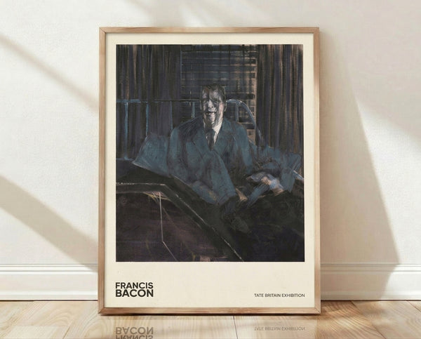 Abstract portrait of a seated man rendered in dark blue, charcoal gray, and ochre tones, with an unsettling, introspective quality characteristic of modern expressionist painting.
