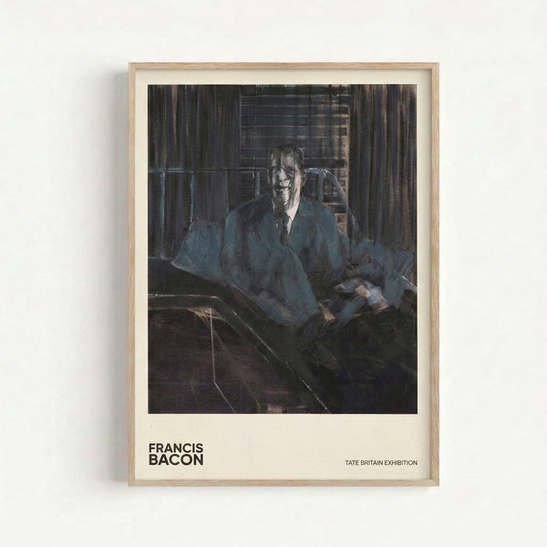Framed modern art print depicting a faceless seated figure in muted grays and blacks, conveying psychological tension through gestural, abstracted brushwork.