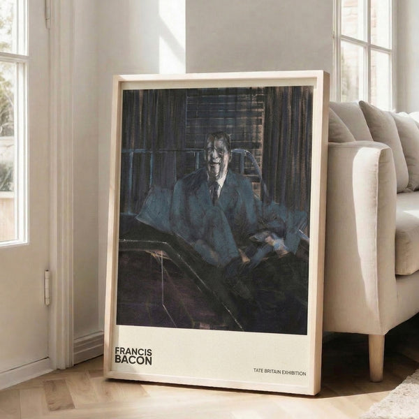 Psychological portrait of a seated figure rendered in abstract impressionist style with deep blues, grays, and ochre creating a mood of introspection and tension.