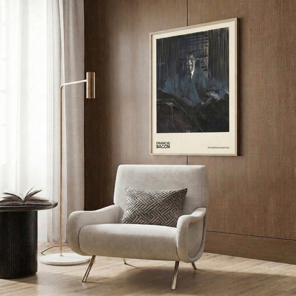 Modern abstract portrait print of a seated man in charcoal, dark blue, and cream, employing loose expressive brushwork to convey introspection and unease.
