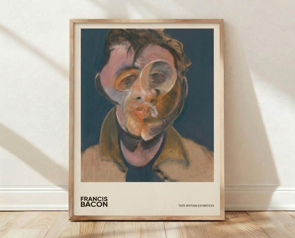 Abstract portrait with distorted facial features in slate blue, ochre, and dusty rose tones, creating a psychologically intense and unsettling mood; framed poster on wall.