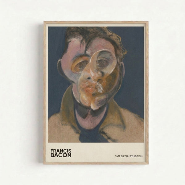 Modern abstract portrait of a man rendered in muted earth tones and cool blues with fragmented, warped forms conveying introspective unease; art print in frame.