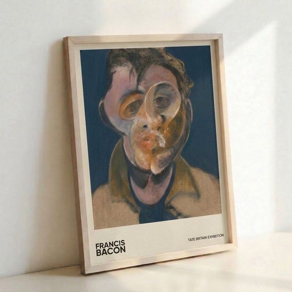 Distorted figurative portrait in cream, slate blue, and dusty rose palette with gestural brushwork; abstract framed artwork with psychologically charged atmosphere.