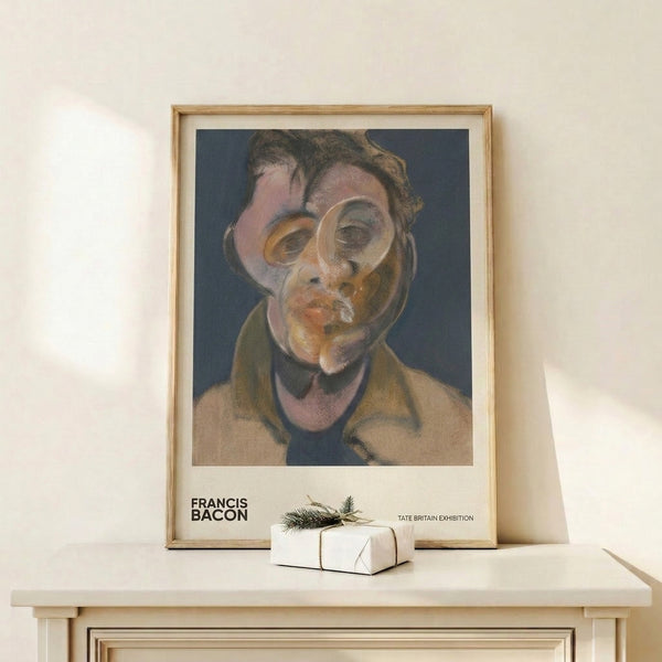 Expressionist portrait featuring a contorted face in ochre and dark brown against cool slate blue background; unsettling modern art print on wall.