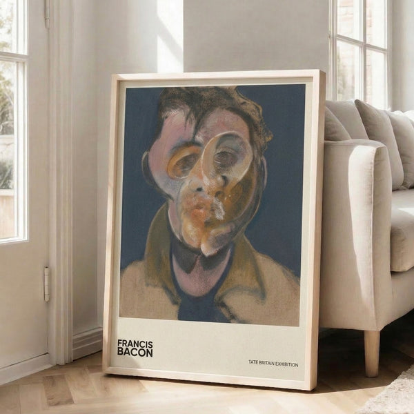 Fragmented abstract portrait with twisted facial geometry in muted ochre, dusty rose, and slate blue; introspective contemporary poster in frame.