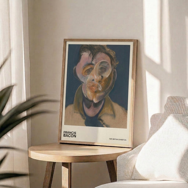 Modern abstract face rendered in gestural style with slate blue, cream, and dark brown tones; psychologically intense distorted portrait poster on wall.