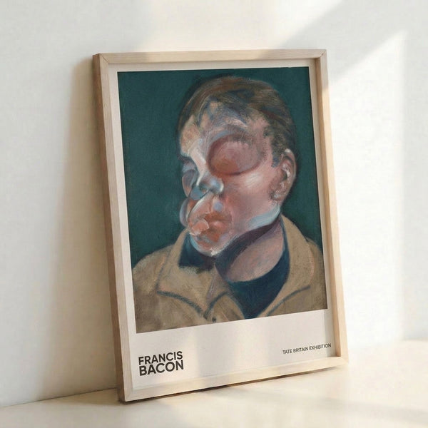Contemporary portrait artwork with faceless abstraction in teal and ochre hues, displaying gestural expressionist technique that conveys contemplative introspection on a gallery-style wall.