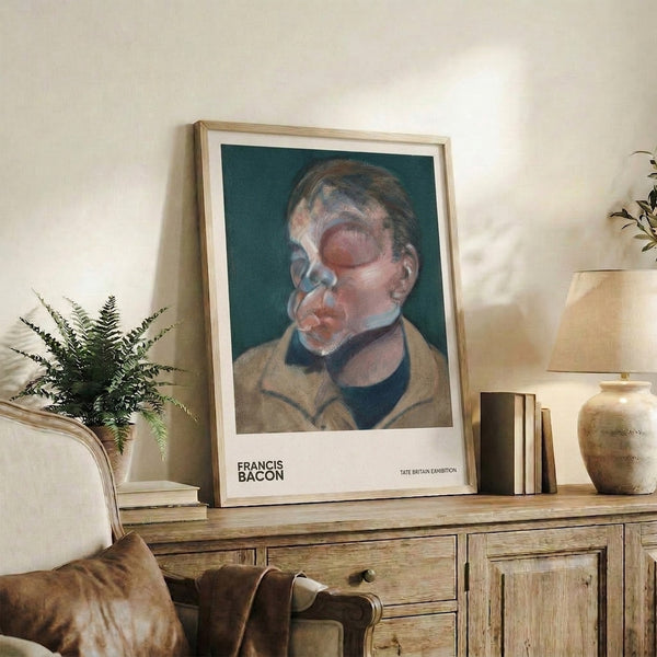 Abstract male portrait print with ochre and teal color blocking, rendered in expressive brushstrokes that capture psychological tension and contemplative atmosphere.