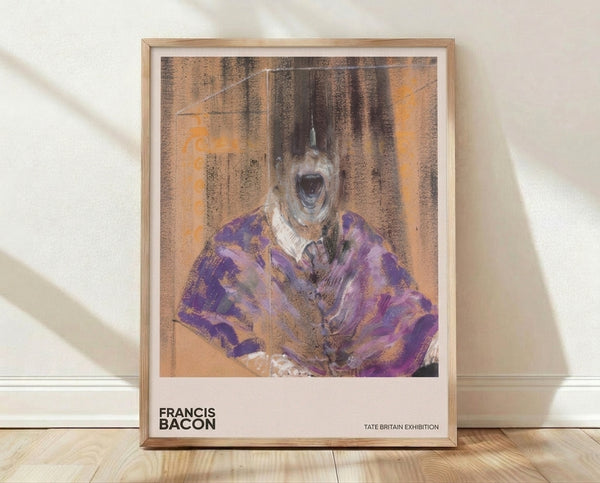 Abstract dark art poster featuring a distorted screaming figure in a chair, rendered in purple, tan, and black tones with an intensely anguished mood.