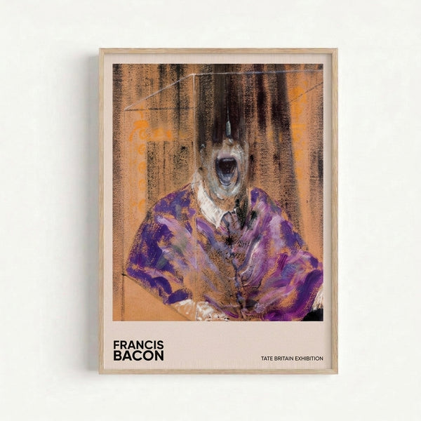 Framed modern art print of a visceral, abstract seated figure in shades of purple and cream with expressive black outlines conveying psychological turmoil.