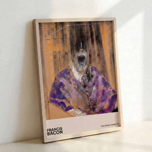 Dark expressionist poster art depicting an anguished face and hunched form in a chair, dominated by deep purples and gold accents on a cream ground.