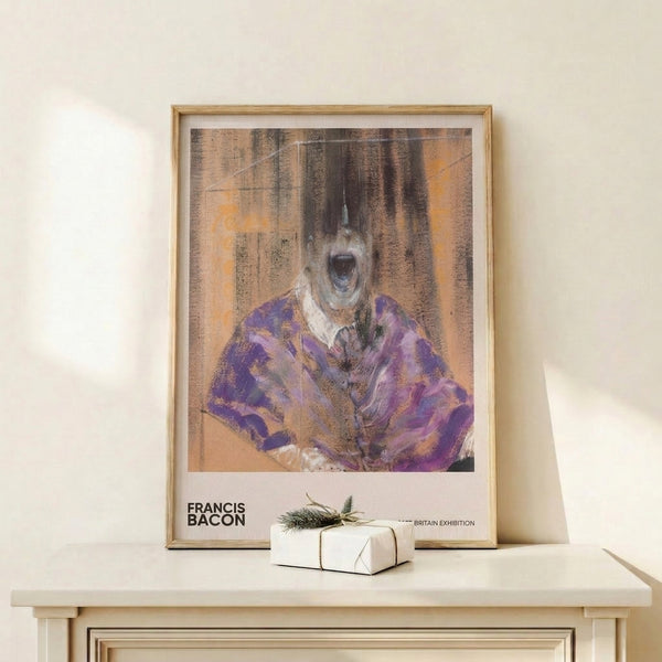 Contemporary abstract wall art showing a contorted screaming figure, executed in bold blacks and purples with tan and gold highlights for dramatic effect.