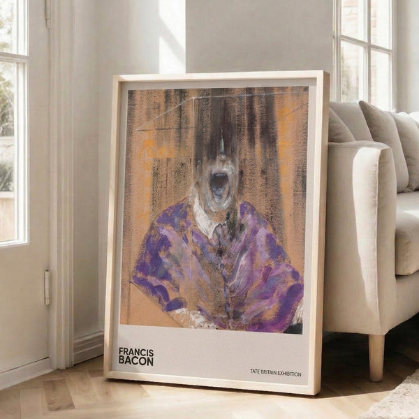 Intense modern gallery-style poster of a distorted seated figure rendered in purple, black, and metallic gold tones with a visceral, unsettling presence.