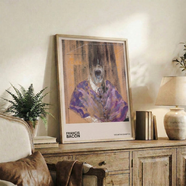 Abstract dark art framed poster featuring a tormented figure in a chair, composed of purple, cream, and black with an emotionally charged, powerful atmosphere.