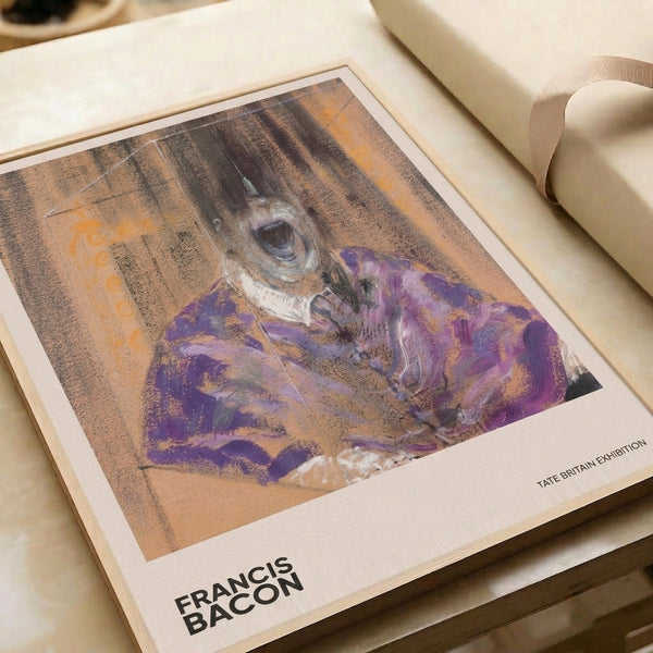 Contemporary expressionist wall print of a screaming, distorted form against a tan and cream background with bold purple and black gestural marks.