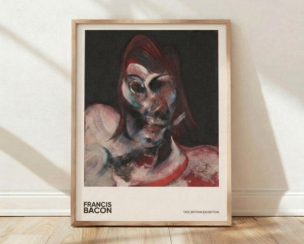 Abstract distorted portrait with fragmented facial features in dark gray, deep red, and cream tones, creating an unsettling and intense mood.