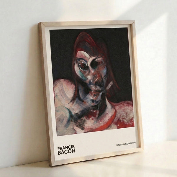 Expressionist figure study with heavily distorted facial geometry in deep reds and grays, conveying psychological unease and abstraction.