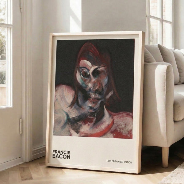 Dark expressionist portrait showing a warped, faceless figure composed of geometric shapes in red, gray, and cream tones.