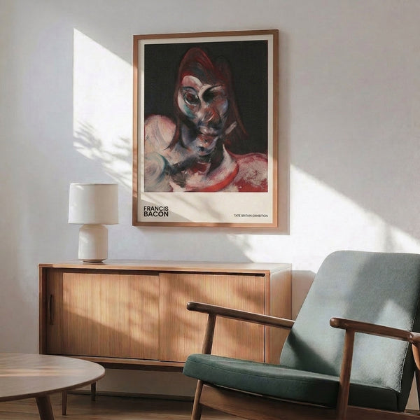 Disturbing abstract face rendered in deep reds and charcoals with distorted proportions, framed as contemporary wall art.