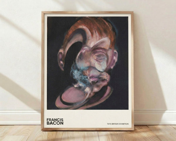 Abstract portrait with distorted facial features in rust red, pale pink, and cream tones on a dark ground, capturing an intense and introspective mood in modern art style.