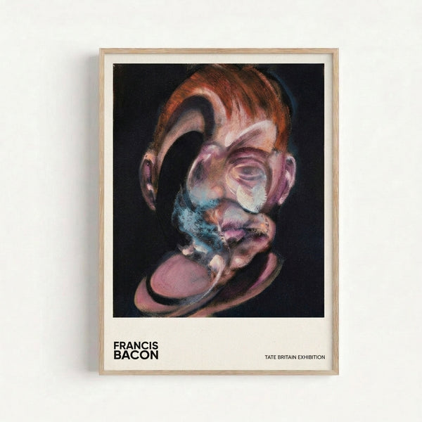 Unsettling figurative artwork featuring a fragmented head form rendered in muted blues, reds, and creams against black, evoking psychological depth through abstraction.