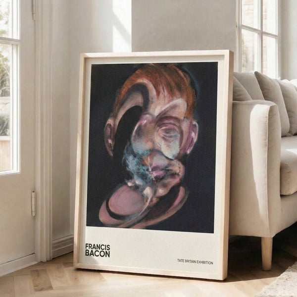 Dark abstract portrait with heavily distorted facial planes in blues, reds, and pale tones, embodying psychological tension through fragmented modernist form.