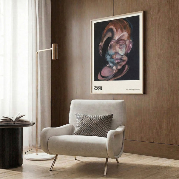 Framed abstract portrait featuring a faceless, deconstructed head in muted reds and blues, exuding unsettling psychological complexity through modern gestural technique.