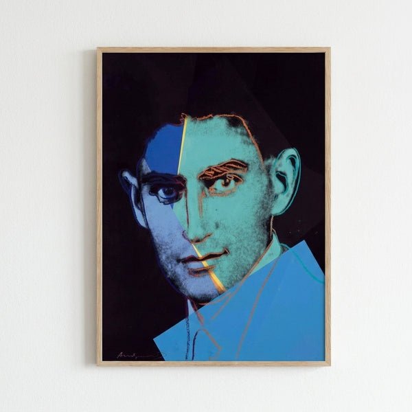 Franz Kafka portrait print in bold, saturated hues characteristic of Warhol's iconic pop art technique, displayed as framed wall art.