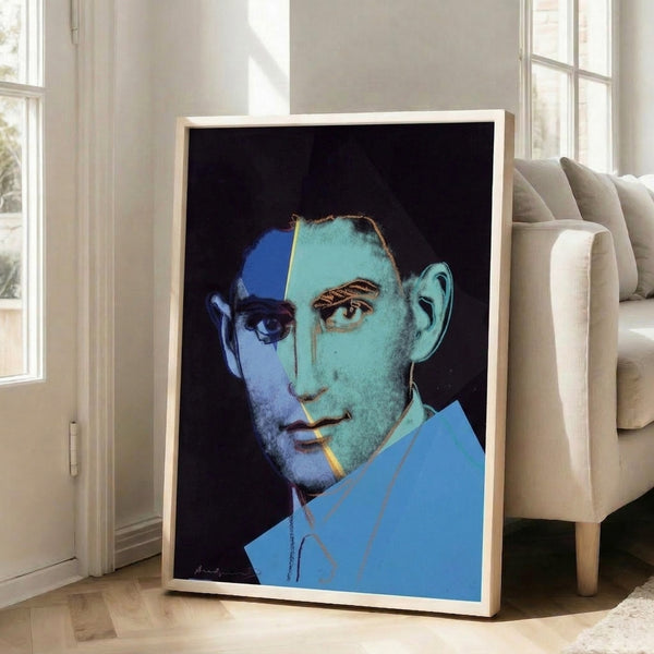 Franz Kafka pop art portrait featuring bright, contrasting color blocks in the style of Andy Warhol's twentieth century Jewish figures series, wall-mounted print.