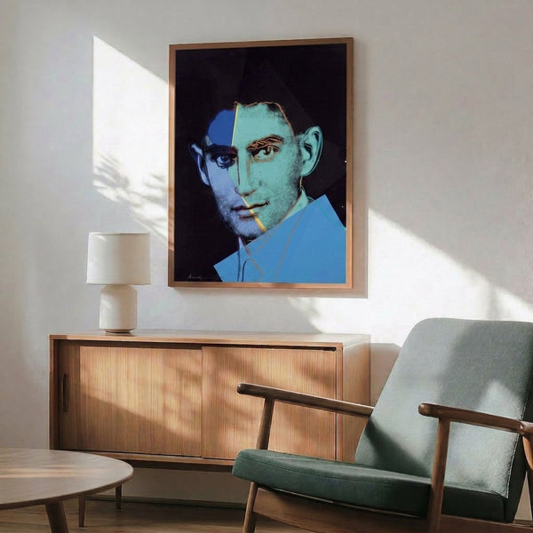 Andy Warhol's vivid Franz Kafka portrait from his Ten Portraits collection, rendered in pop art style with electric color overlays, framed poster.