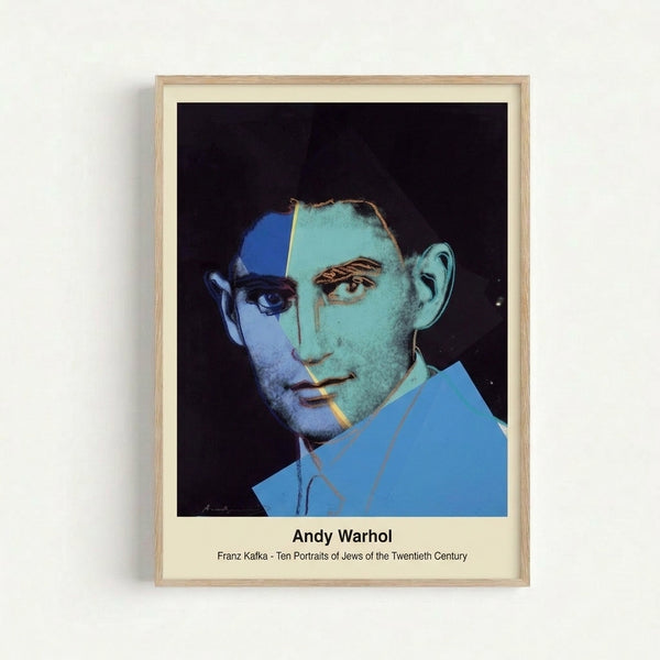 Stark pop art style portrait featuring a face in cool muted blues and greens with bold black outlines, intellectually introspective mood, displayed as a framed art print.