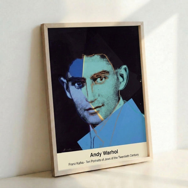 Modern minimalist portrait print in muted green and blue palette with black accents, capturing an introspective and intellectual aesthetic typical of pop art.