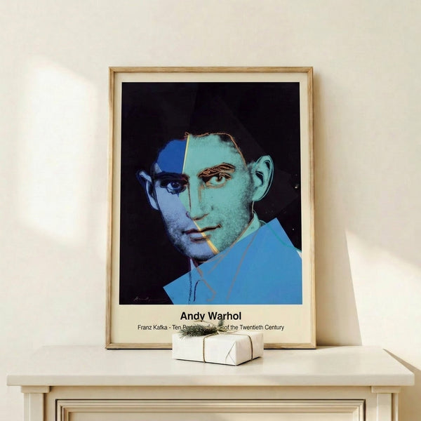 Framed pop art portrait with a somber, intellectual quality rendered in muted greens, blues, grays and black on a clean white ground.