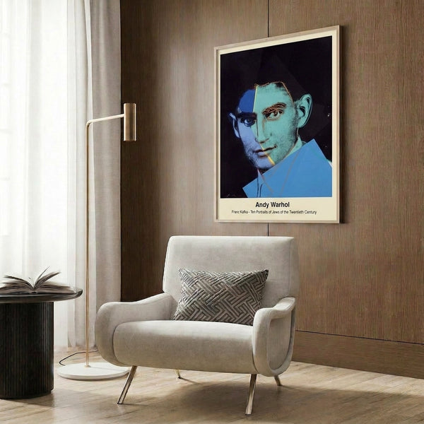 Bold pop art portrait rendering a man's face in muted green and blue hues with black definition, striking an intellectually introspective and starkly modern aesthetic.