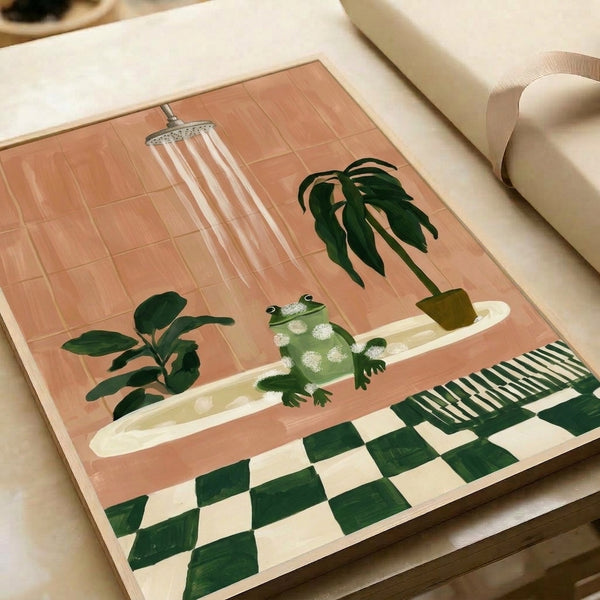 Whimsical home decor print showing a frog luxuriating in bathwater with lush plants and geometric tiles, rendered in a soft palette of sage green, cream, and warm earth tones.