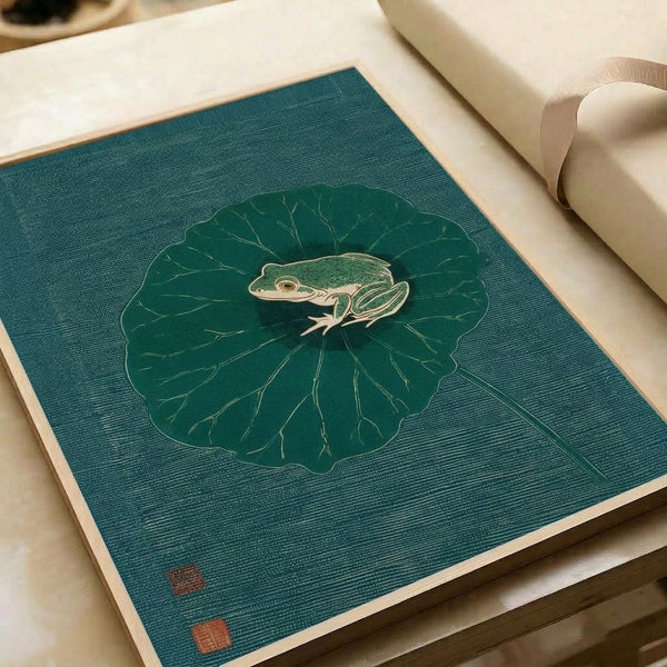 Japanese-inspired art print displaying a meditative scene of a frog on a lily pad, rendered in refined line art technique with a calming palette of teal, forest green, and cream tones.