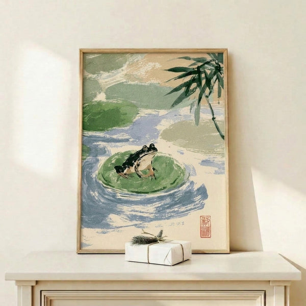 Vintage-style framed art print of a contemplative frog on a water lily, inspired by Japanese woodblock aesthetics with muted earth tones and naturalistic landscape elements.