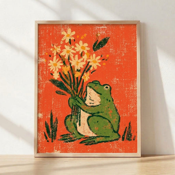 Whimsical retro poster of a cheerful frog holding a bouquet of pale yellow daisies surrounded by forest green leaves and grass, rendered in warm coral, cream, and earthy tones.
