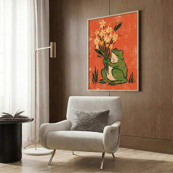 Boho cottagecore art print featuring a delightful frog clutching fresh daisies with lush foliage in soft yellows, corals, greens, and cream against a nature-inspired background.